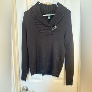 Ralph Lauren Lauren Sweater shawl collar, horn toggle, black, cotton long sleeve